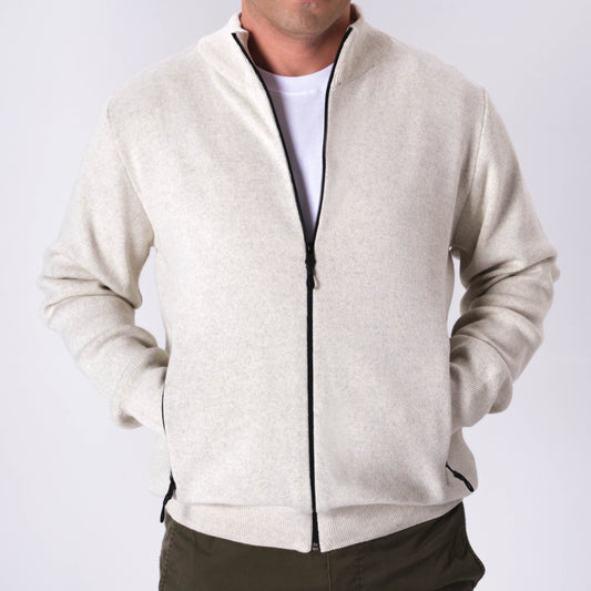 Men's High Collar Zipped White Cardigan, Stay Warm with Premium Organic Wool Blend