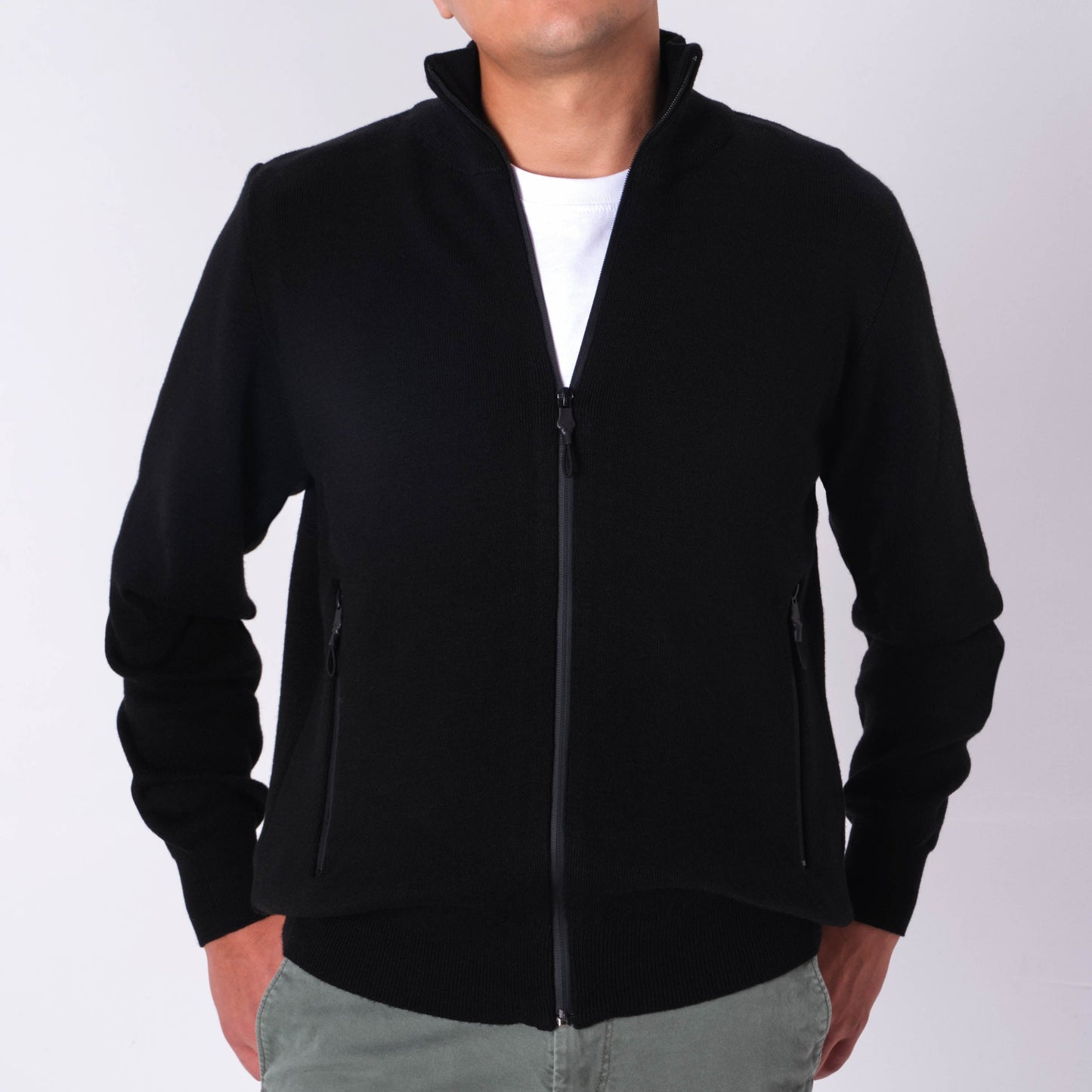 Men's High Collar Zipped Black Cardigan, Stay Warm with Premium Organic Wool Blend