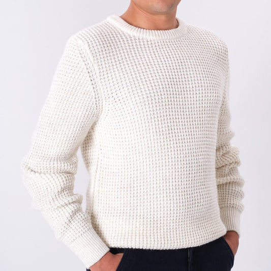 Men's Round Neck Wool Knitted White Sweater, Elegant & Comfortable Design